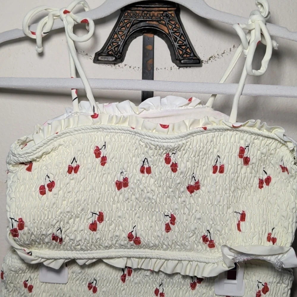 Fin & Vince Cherry Print Smocked Bikini White Red Summer Beach Girls Size 8/9